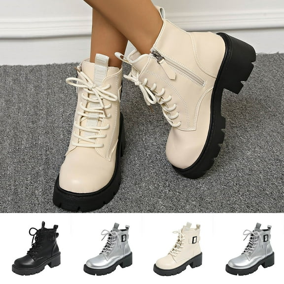 Women's Boots Round Toe Chunky Heel Lace-up Ankle Boots with Side Zipper Winter Snow Boot Casual Outdoor Dressy Shoes