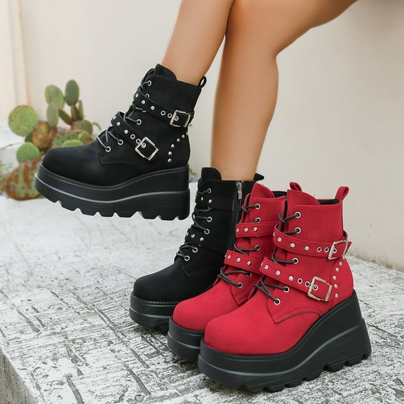 Women's Boots Round Toe Wedge Thick Sole Buckle Lace-up Short Boots with Side Zipper Winter Snow Boot Casual Outdoor Dressy Shoes