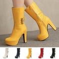 thumbnail image 1 of Women's Boots Kitten Heel Square Toe Mid Calf Booties Women Fashion Casual Comfortable Versatile Solid Color Fall Winter Shoes Yellow 6.5, 1 of 6
