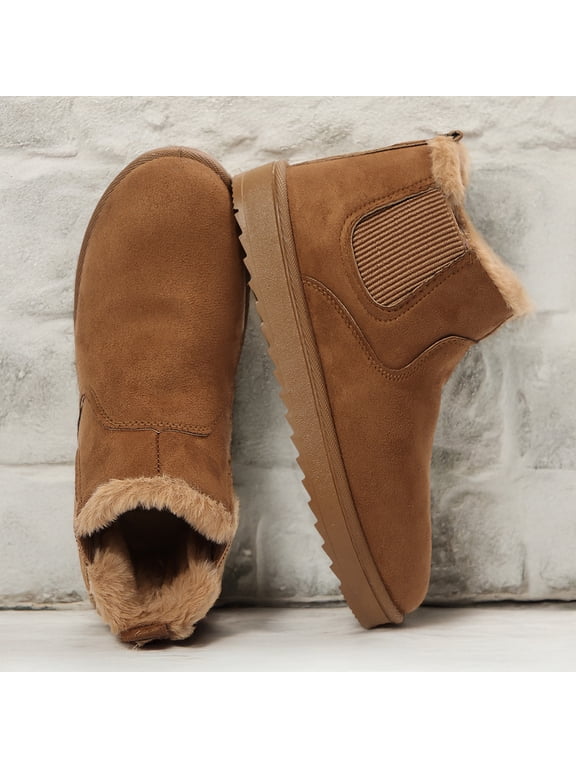 Women's Faux Suede Slip-On Snow Boots, Short Warm Ankle Booties
