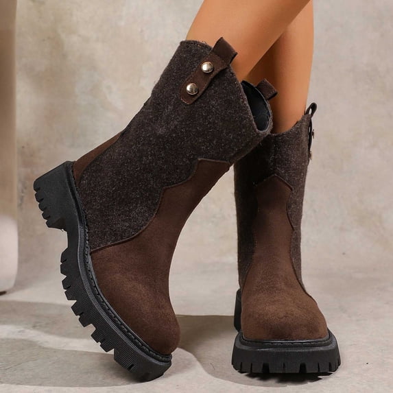 Women's Boots Thick-Soled Chunky Low Heel Round Toe Mid Calf Booties Women Trendy Casual Outdoor Dressy Comfortable Boots Winter Warm Shoes Coffee 8.5
