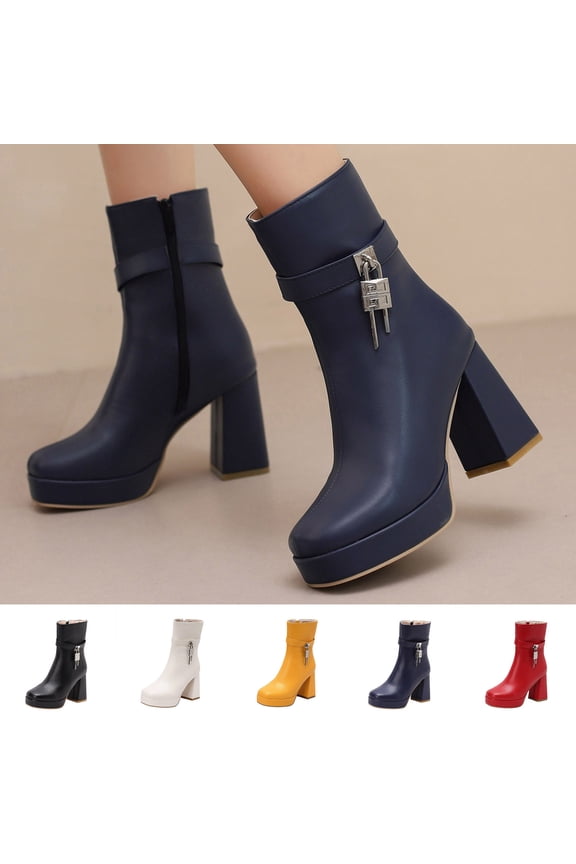 Women's Boots Thick-Soled Square Toe Mid Calf Boots Women's Fashion Casual Versatile Comfortable Booties Fall Winter Warm Shoes Red 6