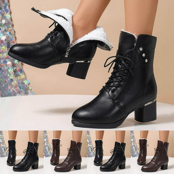 Women's Boots Thick Velvet Chunky Mid Heel Round Toe Ankle Booties with Side Zipper Lace-Up Fashion Casual Warm Comfortable Fall Winter Shoes for Women Black 6