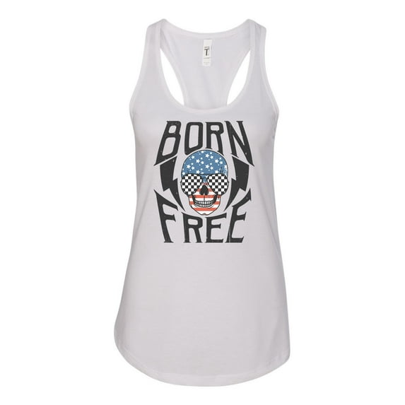 Women's Born Free Patriotic Fourth of July Independence Day Racerback Tank Top Graphic Tee-White-large