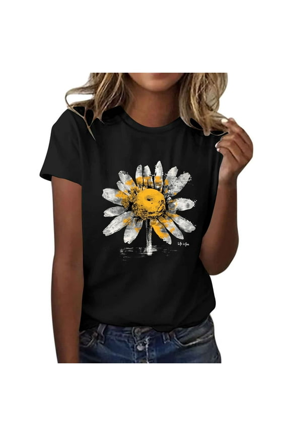 Women's Botanical Graphic Tees Sunflowers Print Short Sleeve Tshirts Loose Fit Summer Tops