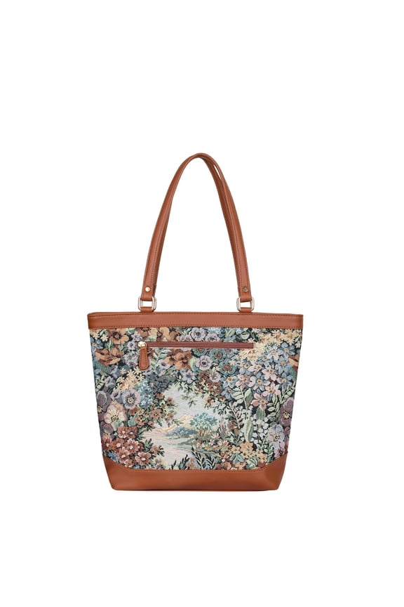Womens Botanical Tapestry Tote Bag | Vegan Leather Shoulder Satchel with Top Handle for Everyday Carry