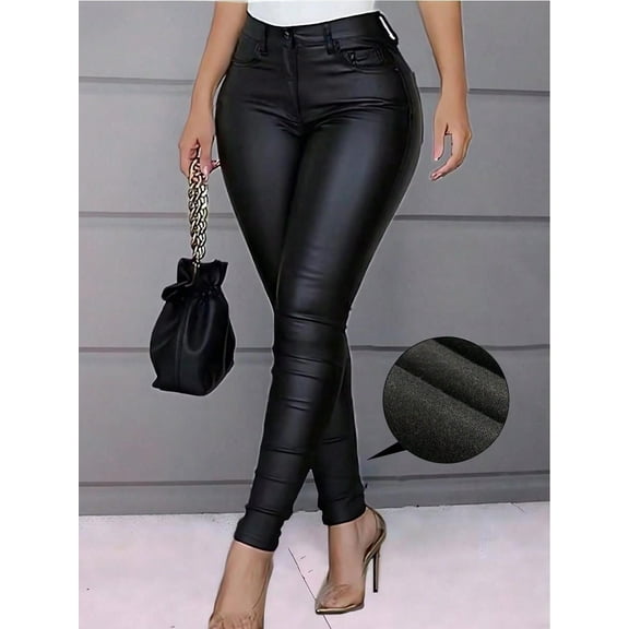 Women's Bottoms High Waist Thermal Lined PU Leather Skinny Cropped Pants