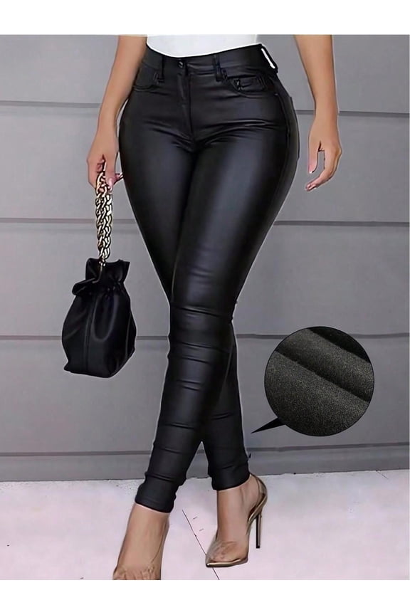 Women's Bottoms High Waist Thermal Lined PU Leather Skinny Cropped Pants