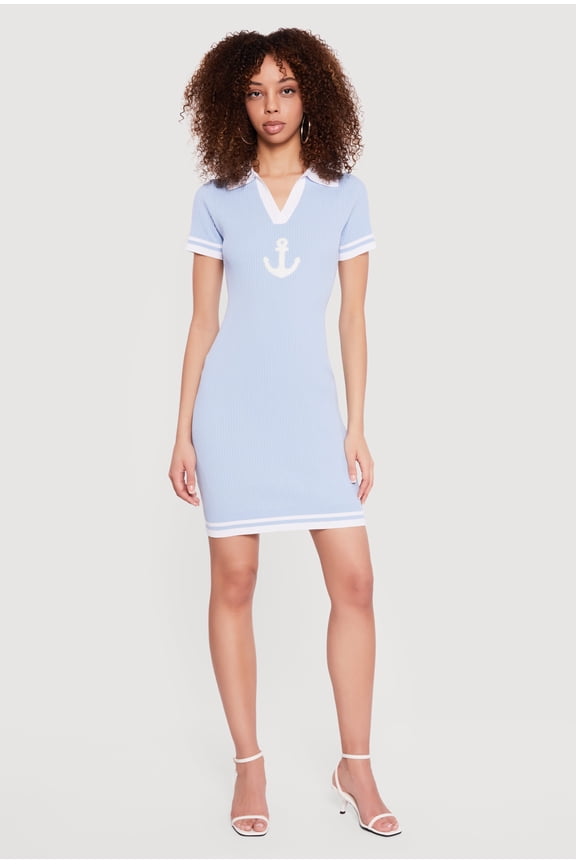 Women's Boucle Anchor Patch Graphic Polo Sweater Dress
