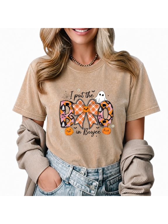 Women's Boujee Leopard Bow T-Shirt - Glamorous Fall Graphic Tee, Retro Acid Wash Short Sleeve Top