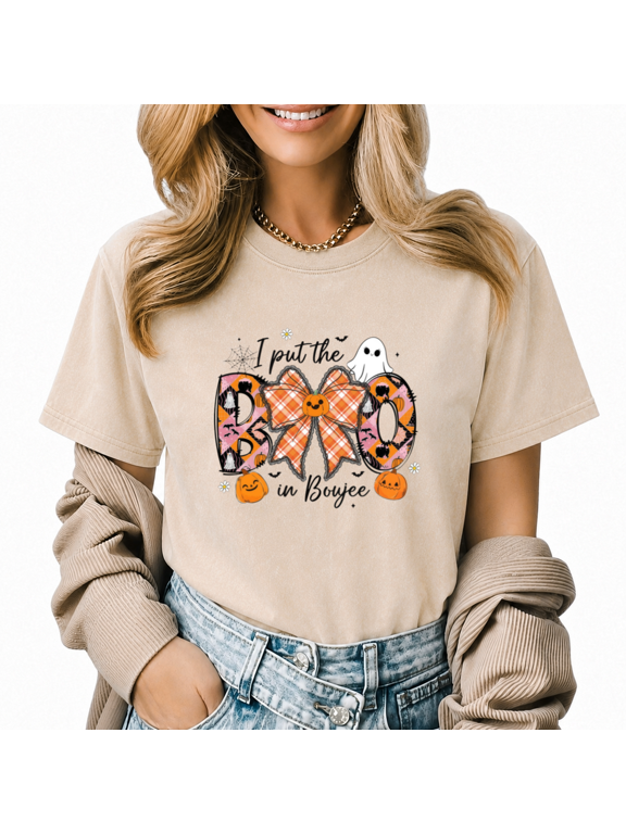 Women's Boujee Leopard Bow T-Shirt - Glamorous Fall Graphic Tee, Retro Acid Wash Short Sleeve Top