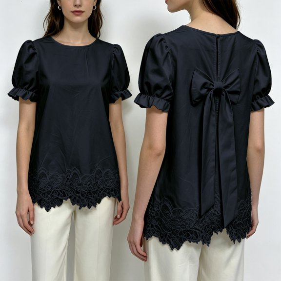 Women's Bow Back Blouse,Puff Short Sleeve Lace Trim Tops,Elegant Round Neck Casual Shirts for Daily Wear 2026 Black L
