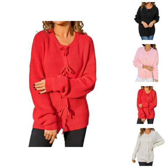 Women's Bow Button Round Neck Long Sleeve Solid Color Knit Sweater Cardigan Sweaters for Women