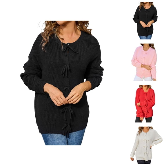 Romantic Cropped Women's Cardigan Chic Date Night Casual Cardigans Women's Bow Button Round Neck Long Sleeve Solid Color Knit Sweater