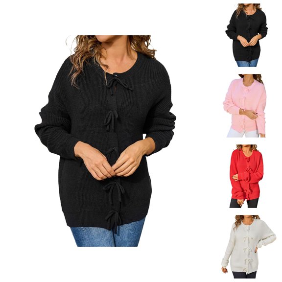 Romantic Cropped Women's Cardigan Chic Date Night Casual Cardigans Women's Bow Button Round Neck Long Sleeve Solid Color Knit Sweater