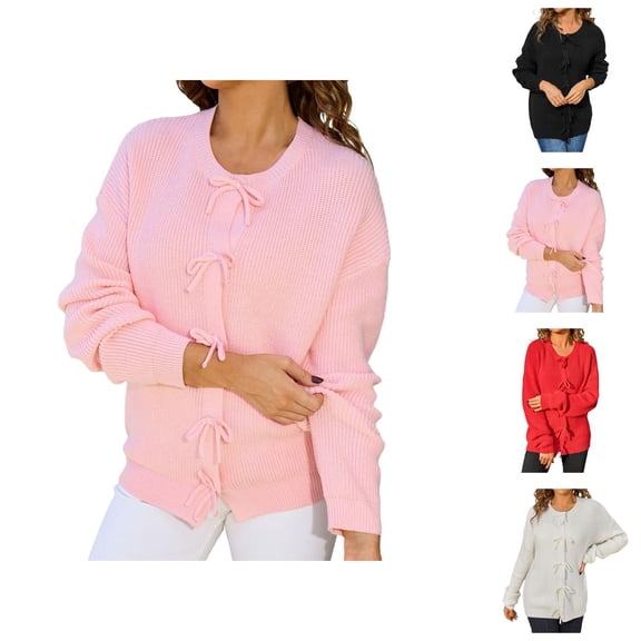 Coastal Grandma Women's Cardigan Lightweight Summer Open Front Cardigans Women's Bow Button Round Neck Long Sleeve Solid Color Knit Sweater