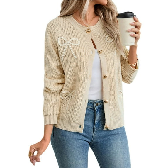 Women's Bow Cardigan Button Down Roundneck Long Sleeve Drop Shoulder Knit Sweater Light Khaki S