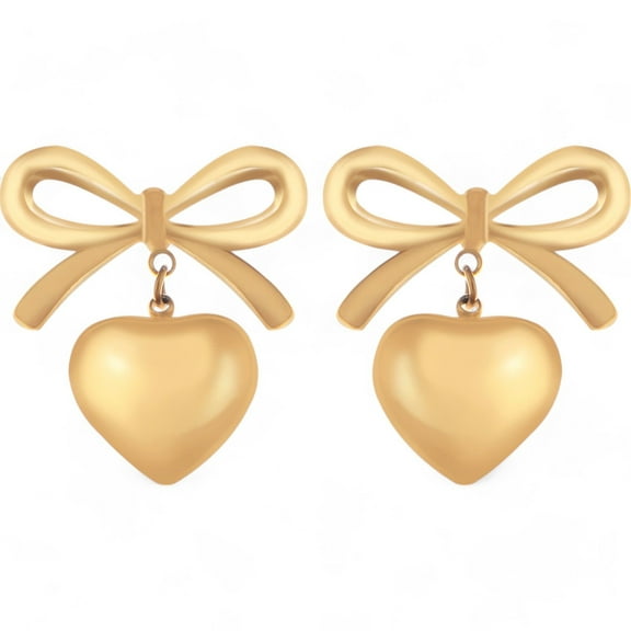 Women's Bow Dangle Heart Drop Earrings Gold Tone Playful Love Design- Gold