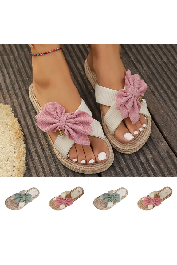 Women's Bow Decor Espadrille Slide Sandals Solid Color Round Open Toe Flat Slippers Soft Waffle Fabric Lightweight Non Slip Indoor Outdoor Casual Daily Slides