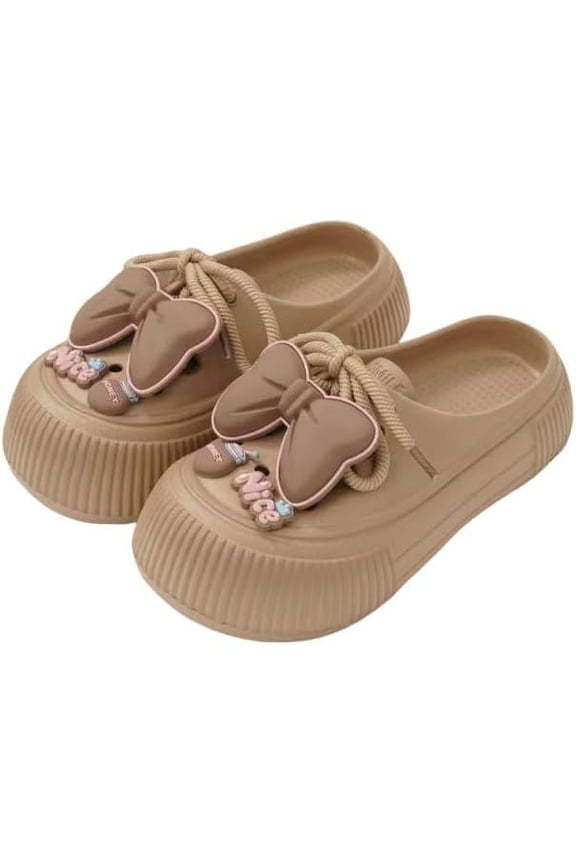 Women's Bow Decor Platform Clogs, Stylish Closed Toe Summer Beach Slide Shoes, Fashion Outdoor Lace-up Beach Garden SandalsCool mop soft sole two hole shoes