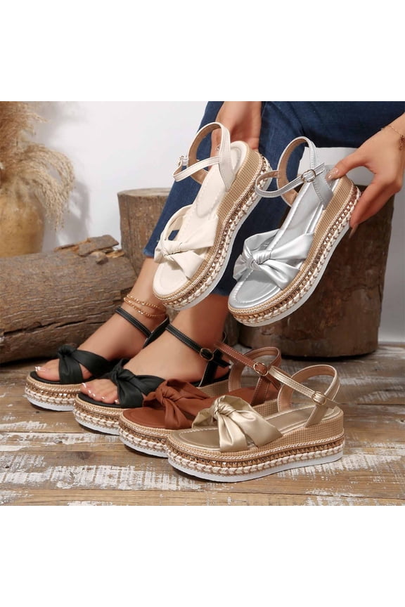 Women's Bow Decor Platform Wedge Sandals Open Toe Ankle Strap Casual Summer Beach Sandals for Women Comfortable Thick Sole