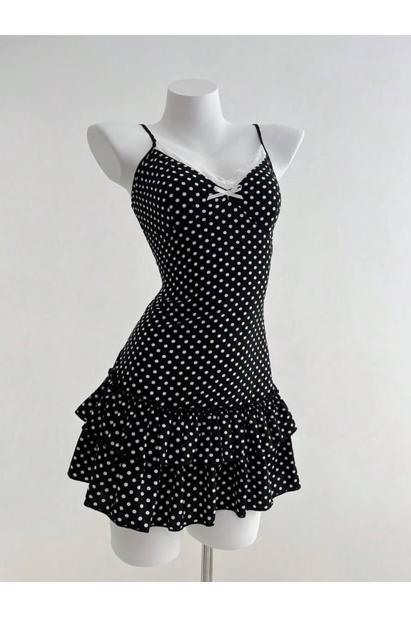 Women's Bow Decor Ruffle Hem Slip Dress