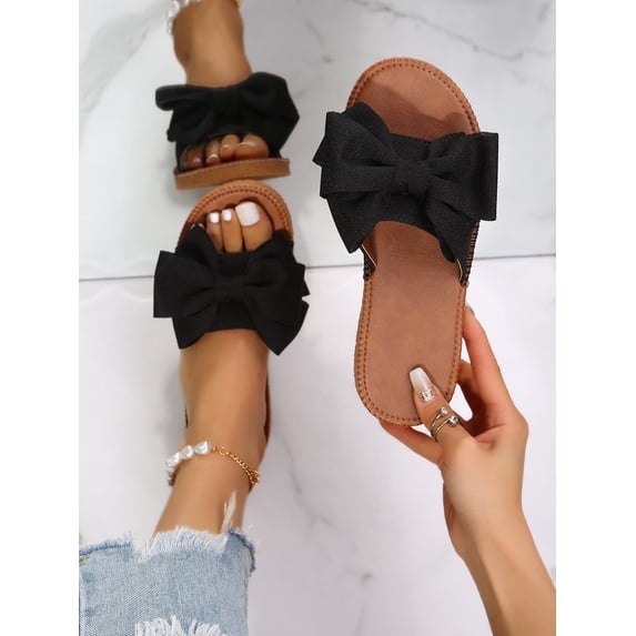 Women‘s Bow Decor Single Band Slide Vacation Flat Sandals