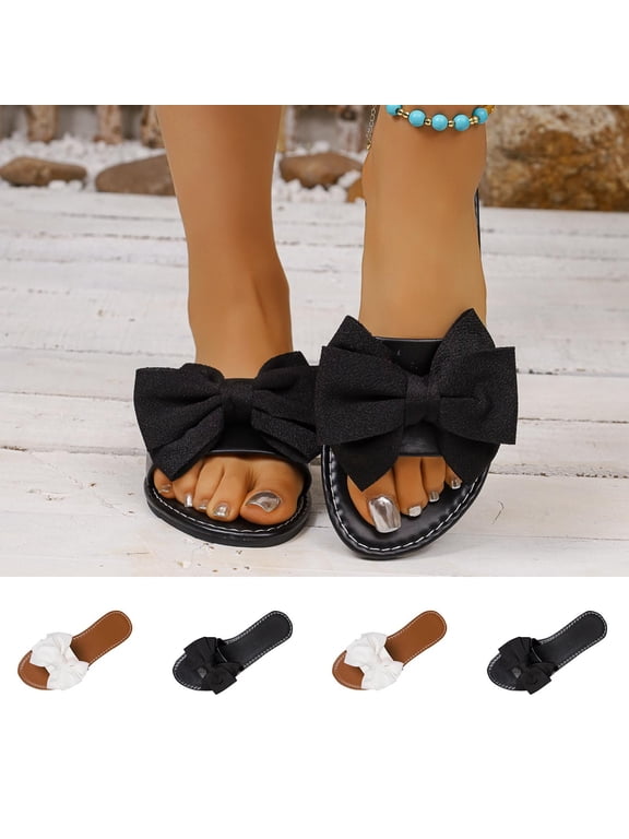 Women's Bow Decor Thong Slide Sandals Wide Width Friendly Flat Open Toe Casual Slippers Soft Faux Leather Lightweight Non Slip Summer Beach Outdoor Walking Slides
