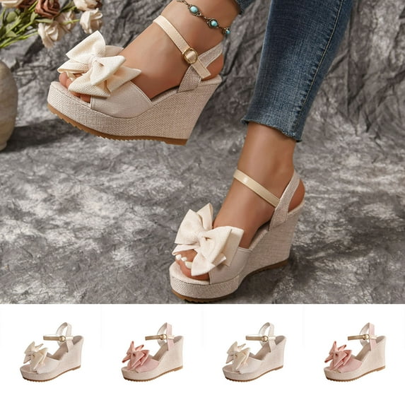 Women's Bow Decor Wedge Platform Sandals Wide Width Round Open Toe Summer Beach Sandals Adjustable Buckle Strap Soft Thick Bottom Casual Walking Shoes Non Slip Outdoor Sandals