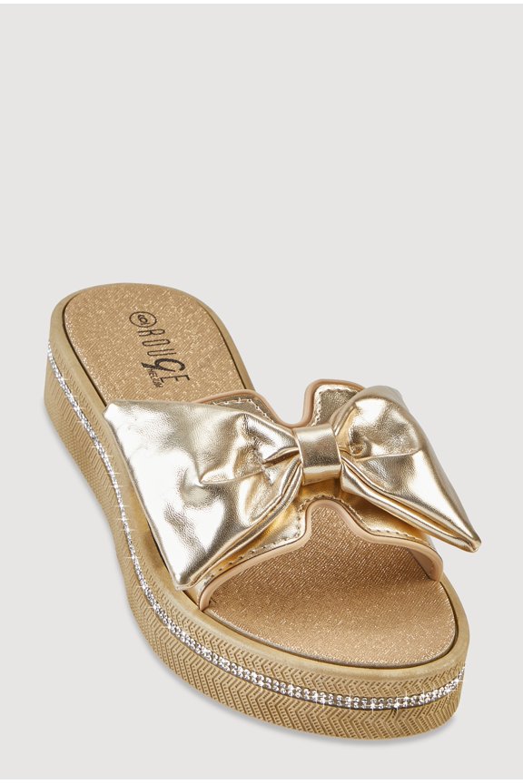 Women's Bow Detail H Band Slide Sandals with Rhinestone Trim