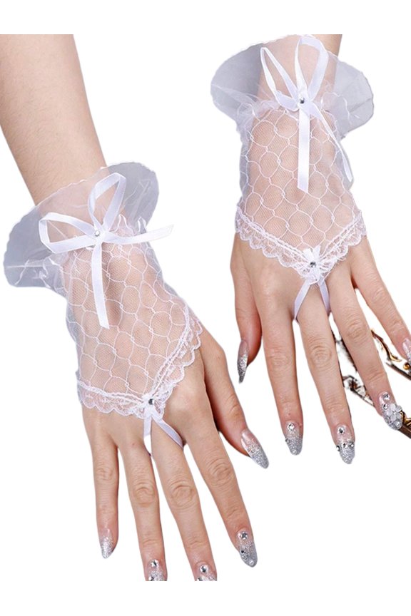 Women's Bow Fingerless Lace Gloves Mesh Sheer Gothic Glove for Tea Party