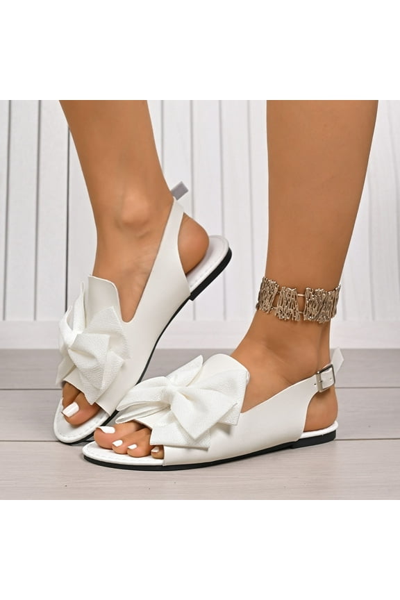 Women's Bow Flat Adjustable metal buckle Sandals Dressy Open Toe Ankle Strap Summer Vacation Slides Shoes Women's Fashion Casual Comfortable Round Toe Flat Sandals