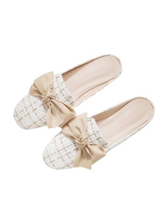 Women's Bow Flat Mules Comfortable Square Toe Slip on Penny Loafers Ladies Baotou Clogs Half Slides Mules