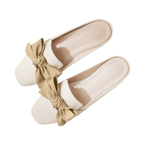 Women's Bow Flat Mules Comfortable Square Toe Slip on Penny Loafers Ladies Baotou Clogs Half Slides Mules