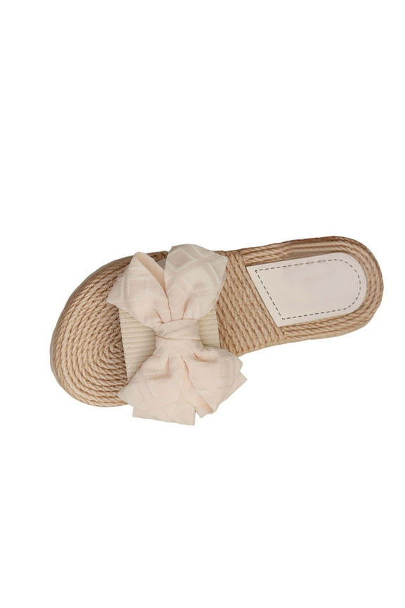 Women's Bow Flat Sandals Straw Open Toe Dressy Boho Summer Beach Sandals Women's Open Toe Flat Sandals Bow Knot Slides Summer Slippers Beige Women Sandal