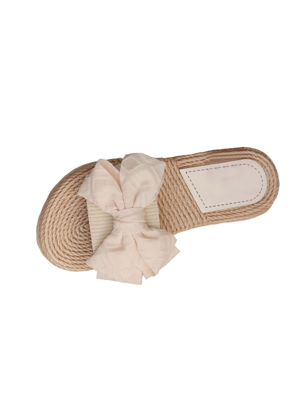 Women's Bow Flat Sandals Straw Open Toe Dressy Boho Summer Beach Sandals Women's Open Toe Flat Sandals Bow Knot Slides Summer Slippers Beige Women Sandal