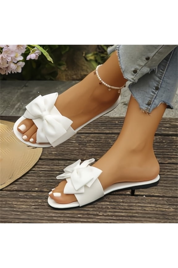 Women's Bow Flat Slide Sandals, Open Toe Slip-on Slippers, Casual Summer Shoes for Beach and Daily Wear White 37
