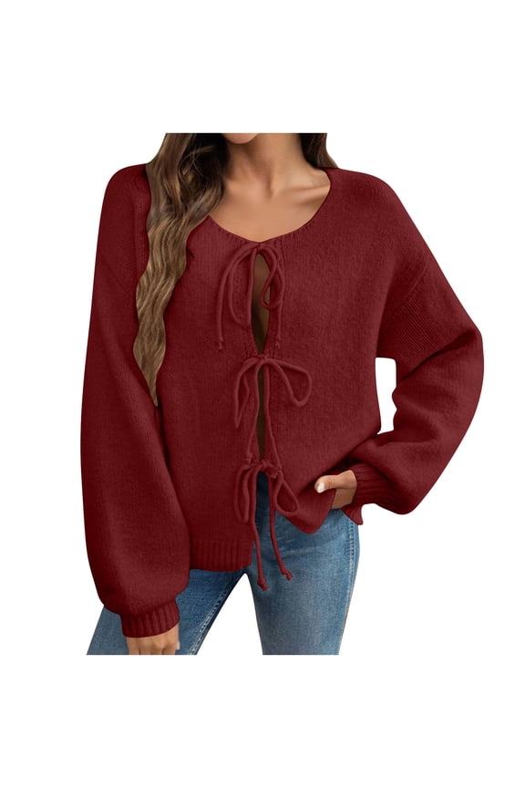 Women's Bow-Front Knit Duster Round Neck Long Sleeve Minimalist Layer Fall Winter Loose Fit Cardigan Casual Solid Outerwear