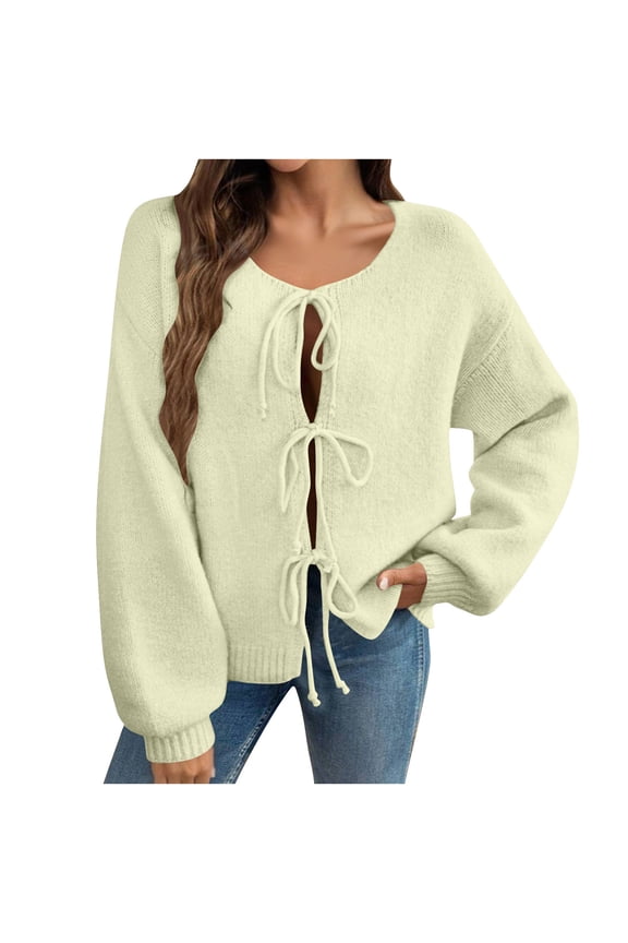 Women's Bow Front Long Puff Sleeve Crew Neck Solid Color Knit Pullover Outerwear Yellow S