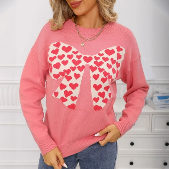Women's Bow Graphic Sweaters Long Sleeve Knitted Sweater Creweck Pullover Tops Pink L