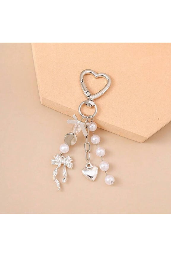 Women’s Bow & Heart Keychain, Macaron Pink Paisley Charm with Gold-Tone Snap Hook for Handbags & Backpacks