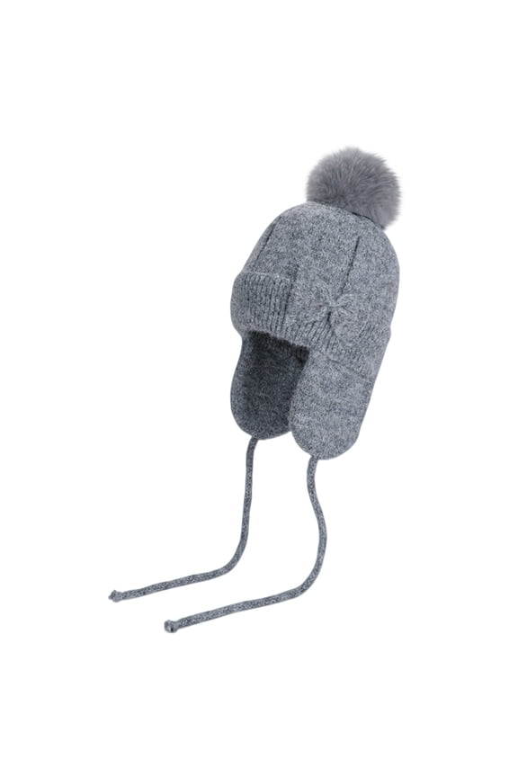 Women's Bow Knit Hat Winter Beanie Hat Skiing Caps with Warm Ear Flap and Pom Pom Gray