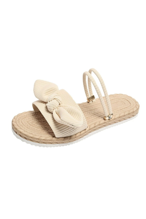 Women's Bow Knot Flat Sandals Open Toe Slip On Slide Slipper Single Band Flats Women's Bow Flat Sandals Open Toe Sandals Slip On Slides Beige Women Sandal