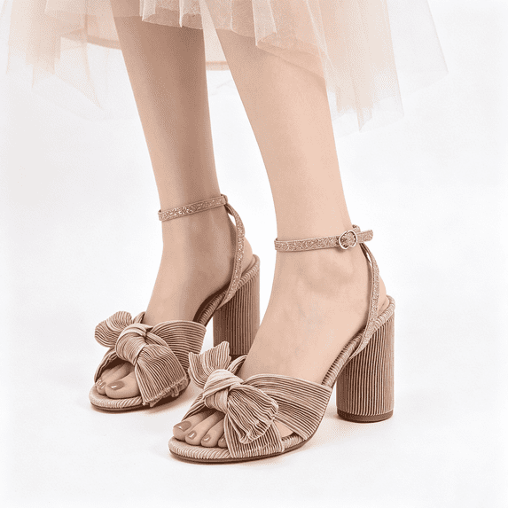 Women's Bow Knot Heeled Sandals Chic Pleated Bow Chunky Heels Wedding Shoes Adjustable Ankle Buckle Straps Block Sandals High Slingback Dress Shoes