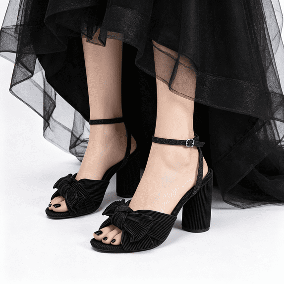 Women's Bow Knot Heeled Sandals Chic Pleated Bow Chunky Heels Wedding Shoes Adjustable Ankle Buckle Straps Block Sandals High Slingback Dress Shoes