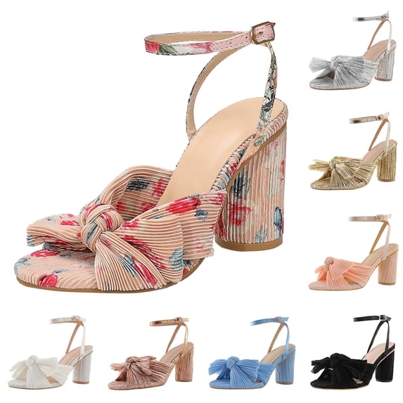 Women's Bow Knot Heels Ankle Buckle Strap Chunky Sandals Open toe Comfortable Wedding Party Bride Fashion Shoes Blue Size 7