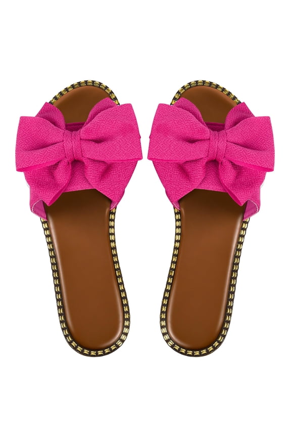 Women's Bow Knot Slides Open Toe Flat Sandals Summer Slip On Slippers Hot Pink
