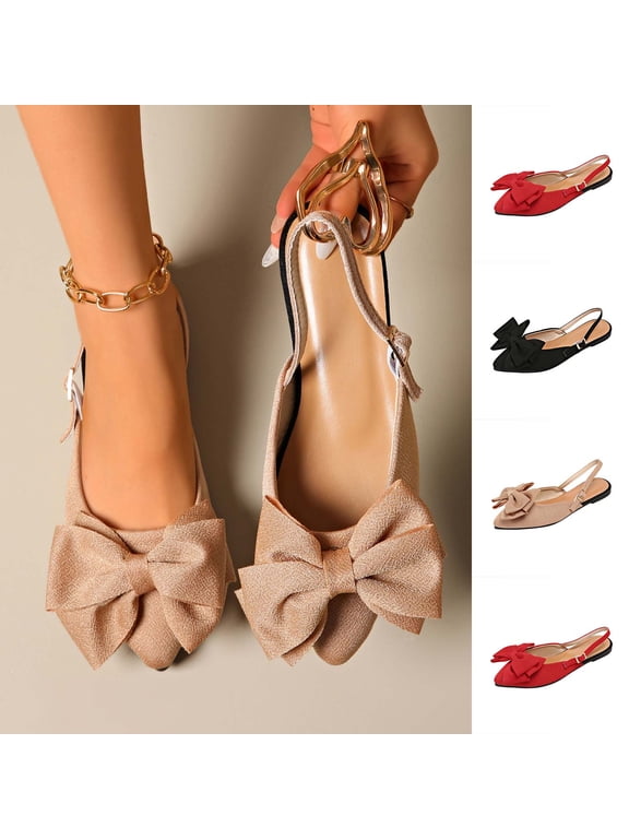 Women's Bow-Knot Slingback Flats, Pointed Toe Closed Toe Sandals with Adjustable Buckle, Breathable Wide Width Casual Dress Shoes for Daily Party, Black/Red/Champagne