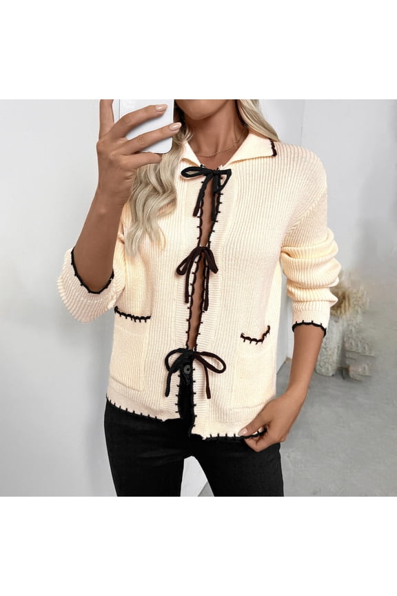 Women's Bow Laceup Open Front Cardigan Sweaters, Open Front Bow Tie Lapel Collar Color Block Cardigan Sweater with Pocket, Everyday Cardigan, Fall Winter Layer, Casual Knit Top Beige M