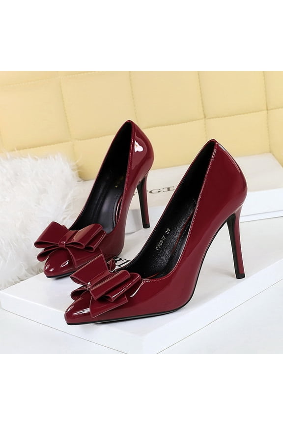 Women's Bow Leather Pointed Toe High Heel Pumps